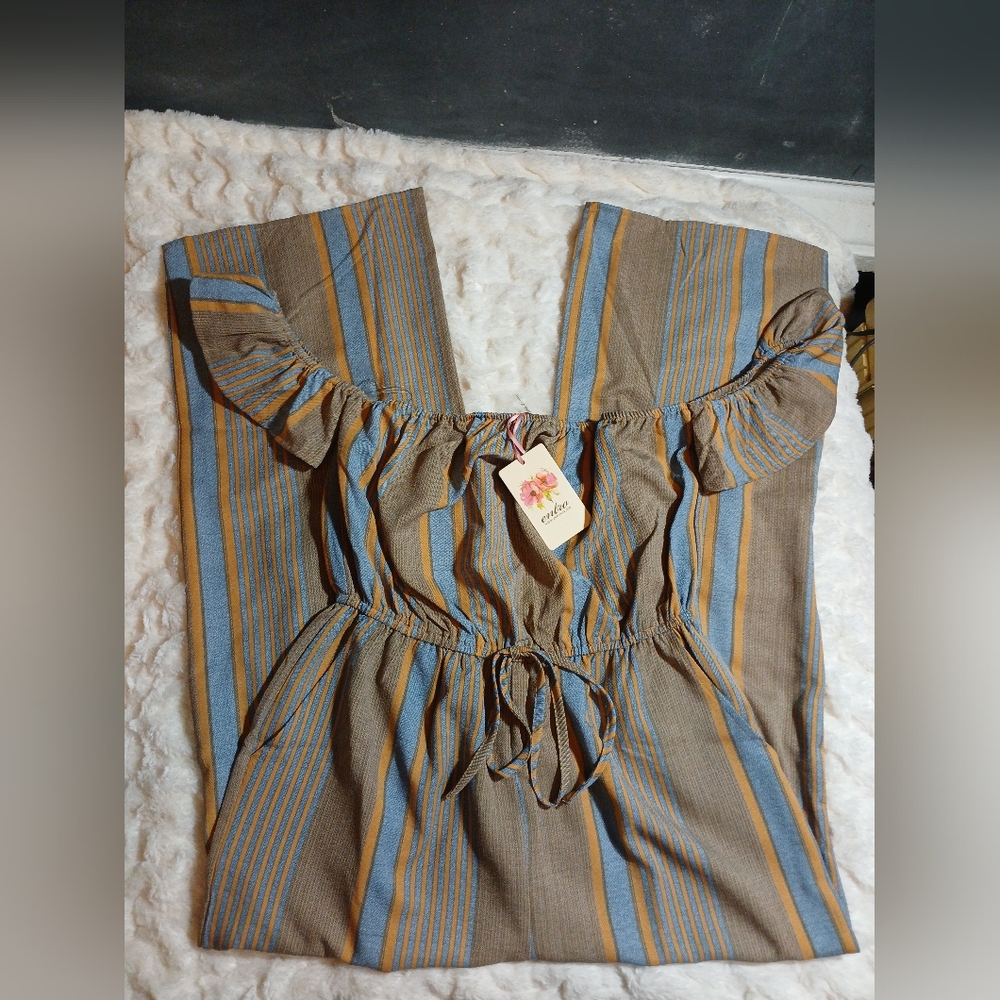 Entro Off The Shoulder Ruffled Jumpsuit M Mustard Blue Boho Stripe One Piece